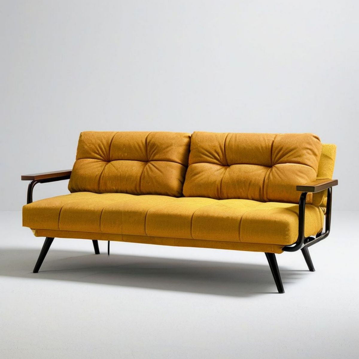 2-Sitzer-Sofa in Senfgelb mit Polyesterbezug, Stahlgestell und Holzarmlehnen, 160 x 80 x 85 cm