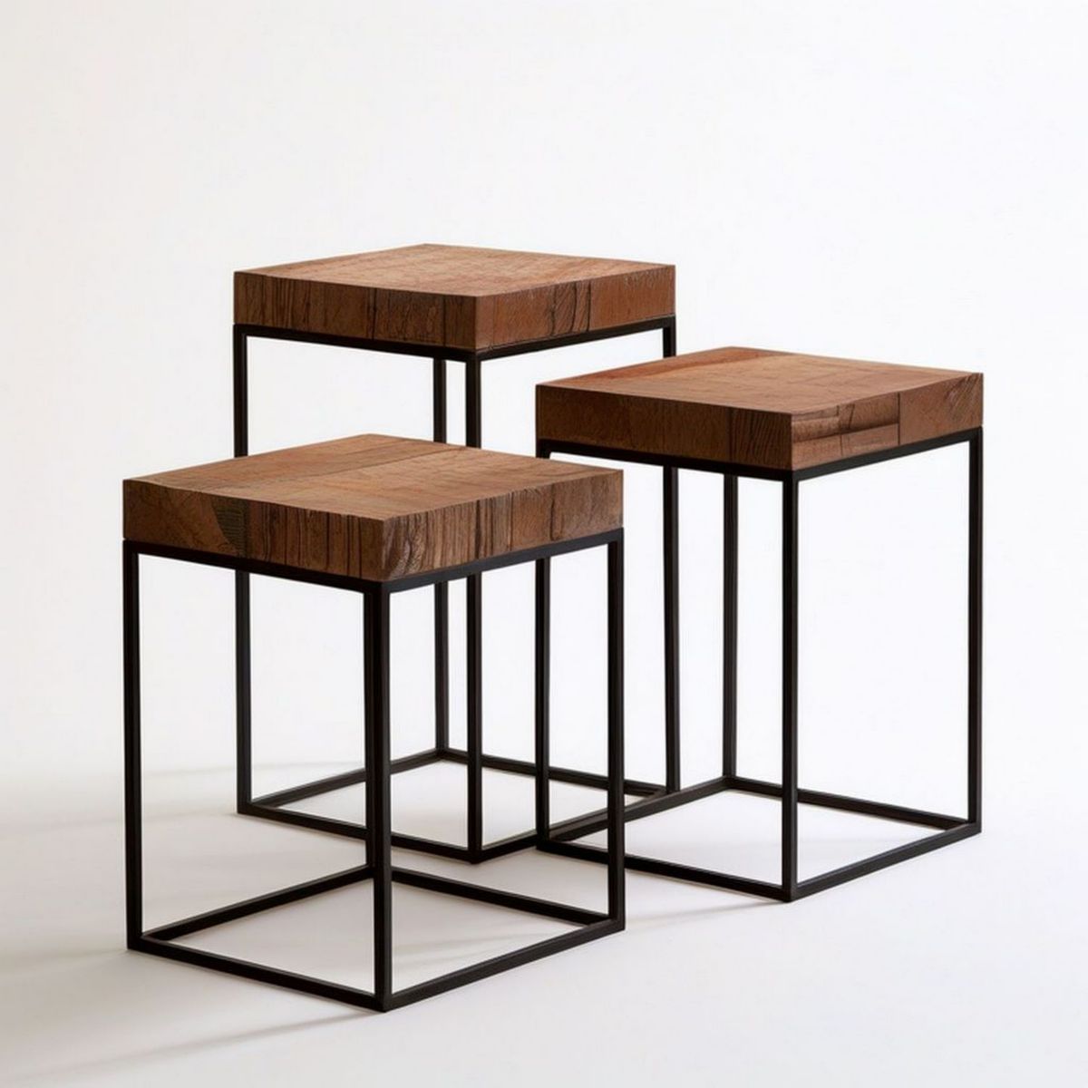 3er-Set quadratische Couchtische aus massivem Nussbaumholz und Stahl, Nussbraun/Schwarz, 45 x 45 x 45 cm