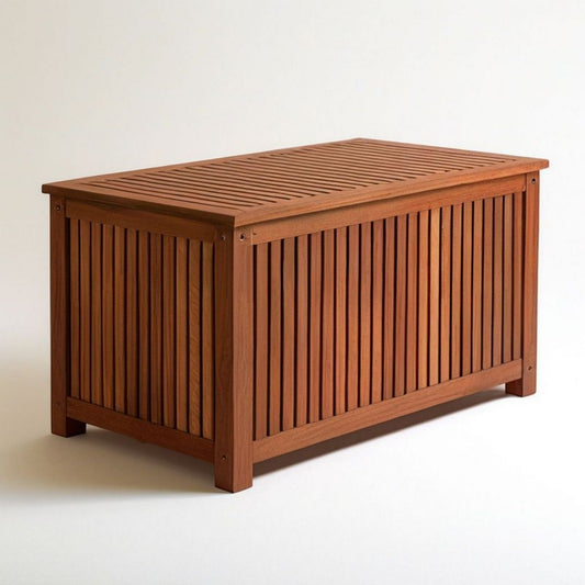 Braune Aufbewahrungstruhe aus Massivholz mit Lamellendeckel, 100 x 40 x 50 cm