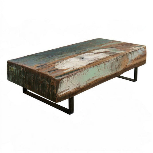Rechteckiger Couchtisch aus massivem Altholz und Stahl, 120 x 60 x 40 cm, Blau/Grün/Weiss/Braun/Schwarz