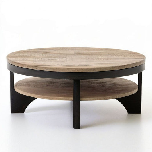Runder Couchtisch Ø 80 cm mit Ablage, Eichenfurnier Natur/Schwarz