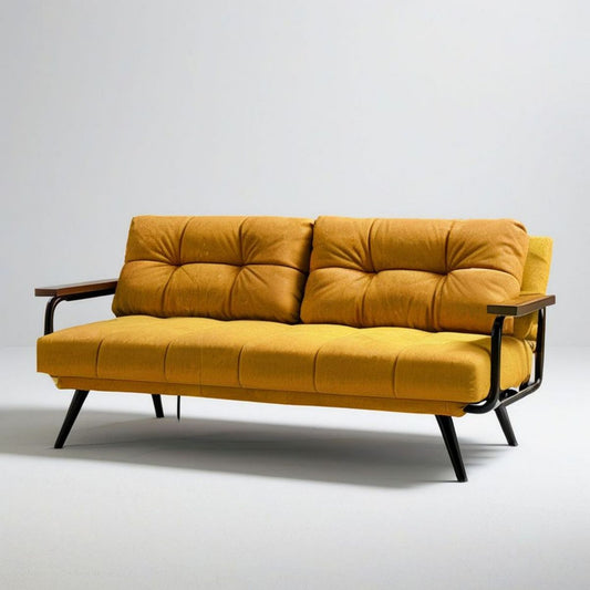 2-Sitzer-Sofa in Senfgelb mit Polyesterbezug, Stahlgestell und Holzarmlehnen, 160 x 80 x 85 cm