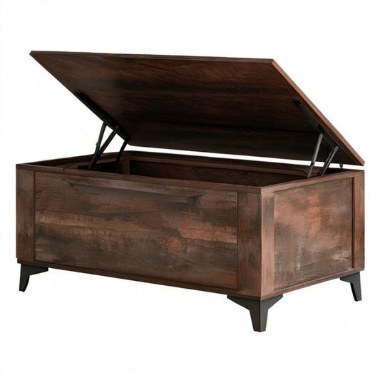 Couchtisch mit hochklappbarem Deckel und Stauraum, 100 x 60 x 45 cm, Mango-Massivholz, Dunkelbraun/Schwarz